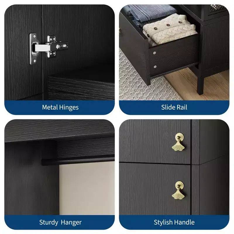 Large Wardrobe Closet with Shelves & Hanging Rail, 78.9 Metal Frame Armoire with Drawer, Open Hanging Space & Storage Compartment