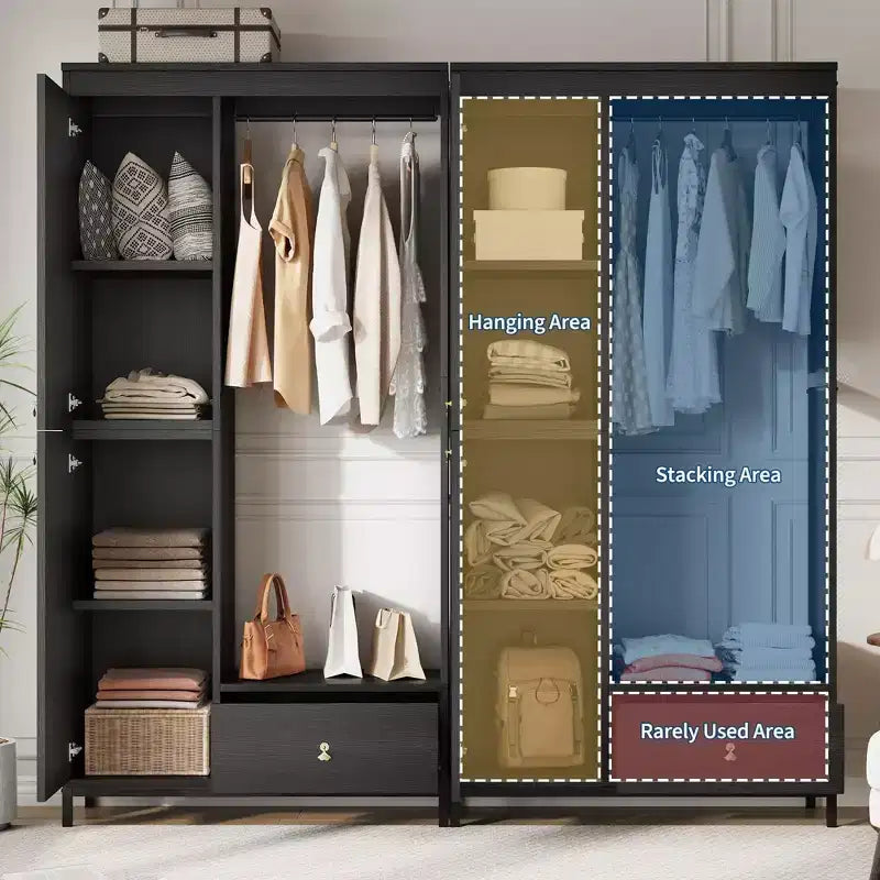 Large Wardrobe Closet with Shelves & Hanging Rail, 78.9 Metal Frame Armoire with Drawer, Open Hanging Space & Storage Compartment
