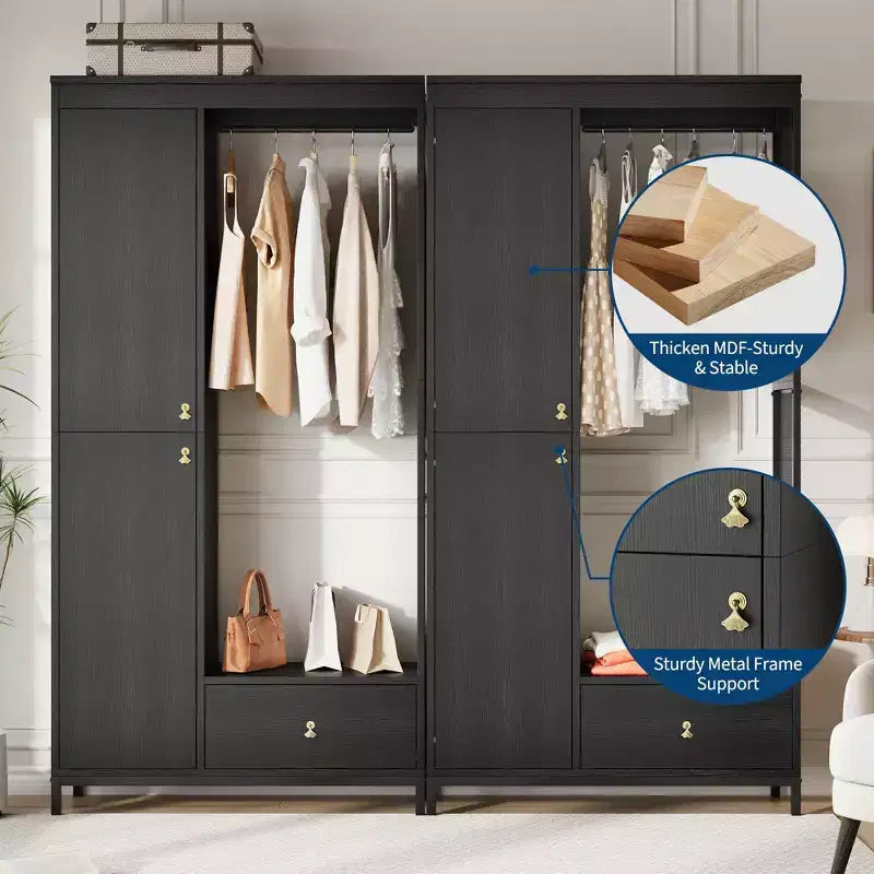 Large Wardrobe Closet with Shelves & Hanging Rail, 78.9 Metal Frame Armoire with Drawer, Open Hanging Space & Storage Compartment