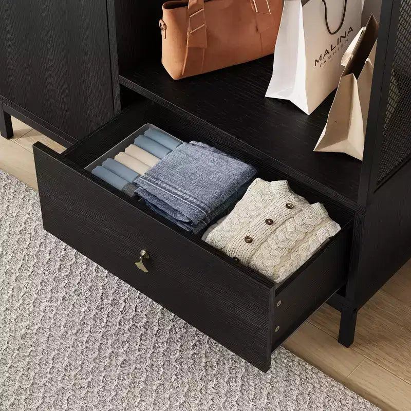 Large Wardrobe Closet with Shelves & Hanging Rail, 78.9 Metal Frame Armoire with Drawer, Open Hanging Space & Storage Compartment