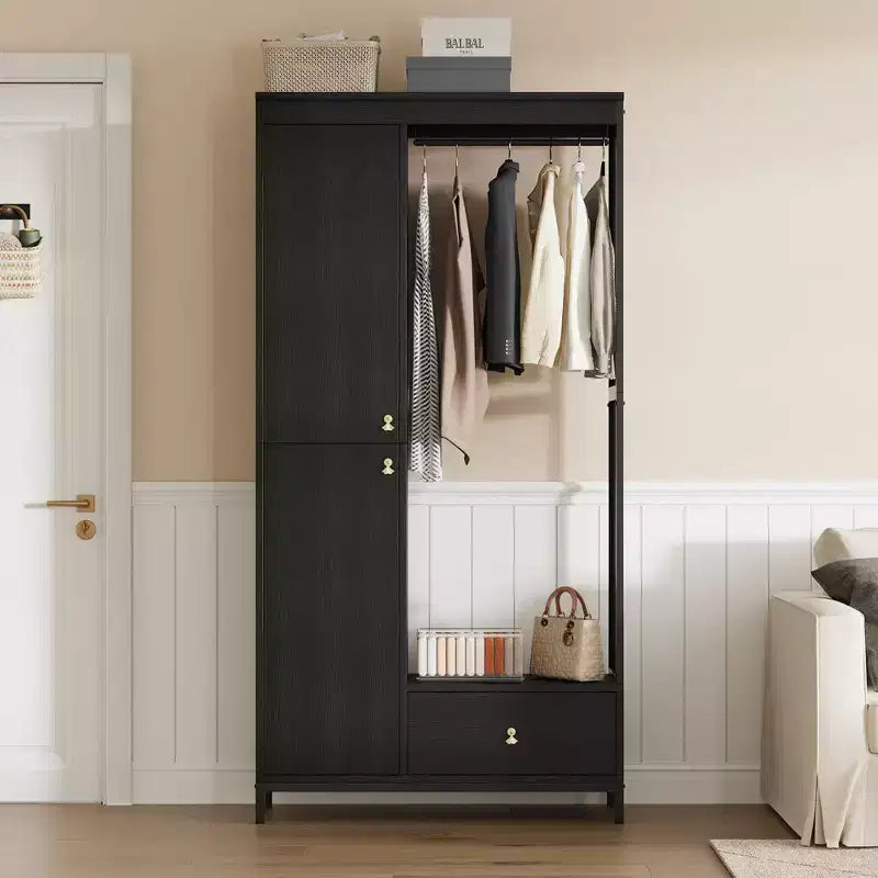 Large Wardrobe Closet with Shelves & Hanging Rail, 78.9 Metal Frame Armoire with Drawer, Open Hanging Space & Storage Compartment