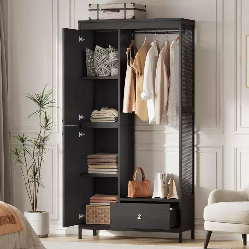 Large Wardrobe Closet with Shelves & Hanging Rail, 78.9 Metal Frame Armoire with Drawer, Open Hanging Space & Storage Compartment