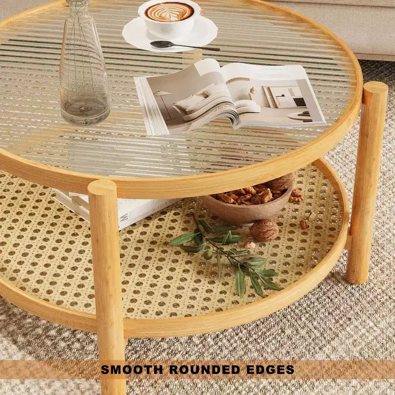 Fun little toys brand Rattan Coffee Table, 2-Tier Bamboo Coffee Table with Glass Top and PVC Rattan Storage Shelf