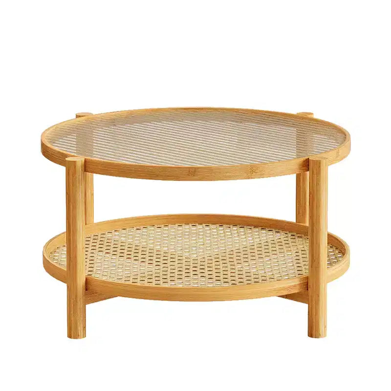 Fun little toys brand Rattan Coffee Table, 2-Tier Bamboo Coffee Table with Glass Top and PVC Rattan Storage Shelf