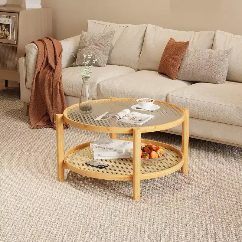 Fun little toys brand Rattan Coffee Table, 2-Tier Bamboo Coffee Table with Glass Top and PVC Rattan Storage Shelf