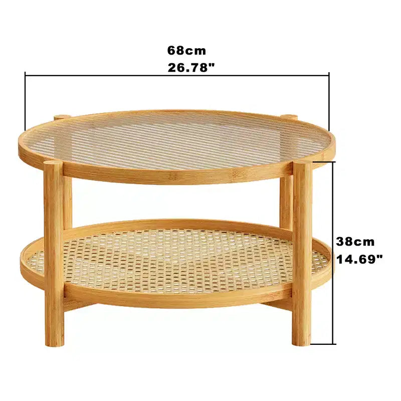 Fun little toys brand Rattan Coffee Table, 2-Tier Bamboo Coffee Table with Glass Top and PVC Rattan Storage Shelf