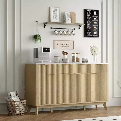 Buffet de cuisine rustique cannelé 60", 3 tiroirs et 4 portes, meuble d'appoint pour bar à café avec étagères réglables