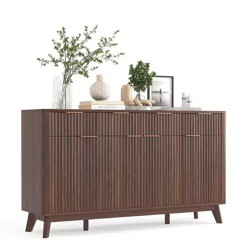 Buffet de cuisine rustique cannelé 60", 3 tiroirs et 4 portes, meuble d'appoint pour bar à café avec étagères réglables