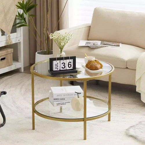 25.6in Round Glass Coffee Table with 2-Tier Storage, Gold Metal Frame