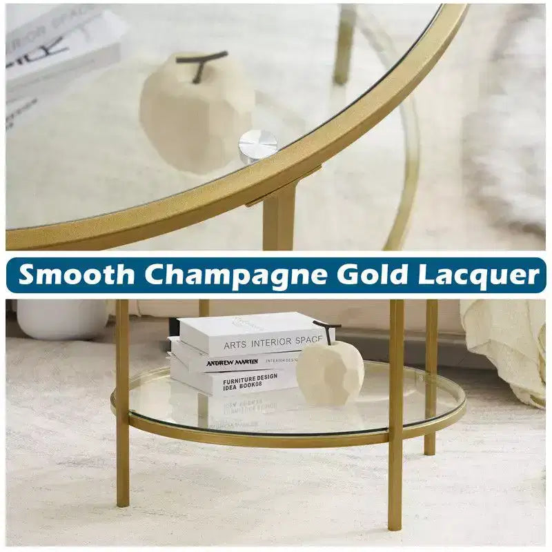 25.6in Round Glass Coffee Table with 2-Tier Storage, Gold Metal Frame