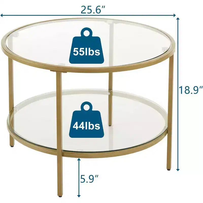 25.6in Round Glass Coffee Table with 2-Tier Storage, Gold Metal Frame