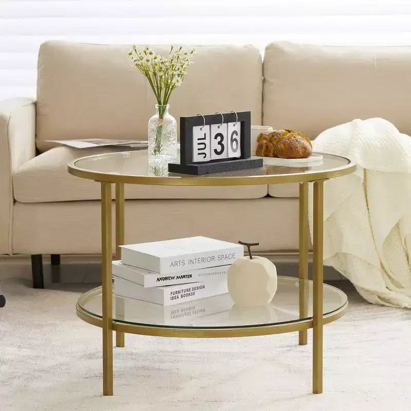 25.6in Round Glass Coffee Table with 2-Tier Storage, Gold Metal Frame