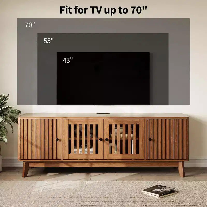 GustoWave Mid Century Modern TV Stand With Grille Doors, Adjustable Shelves, And Storage