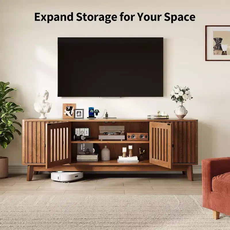 GustoWave Mid Century Modern TV Stand With Grille Doors, Adjustable Shelves, And Storage