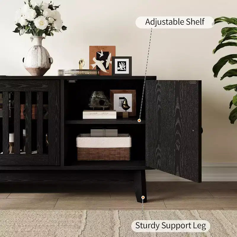 GustoWave Mid Century Modern TV Stand With Grille Doors, Adjustable Shelves, And Storage