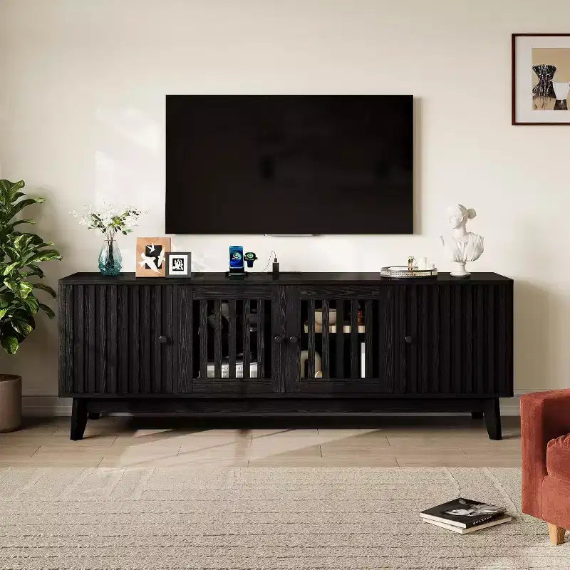 GustoWave Mid Century Modern TV Stand With Grille Doors, Adjustable Shelves, And Storage