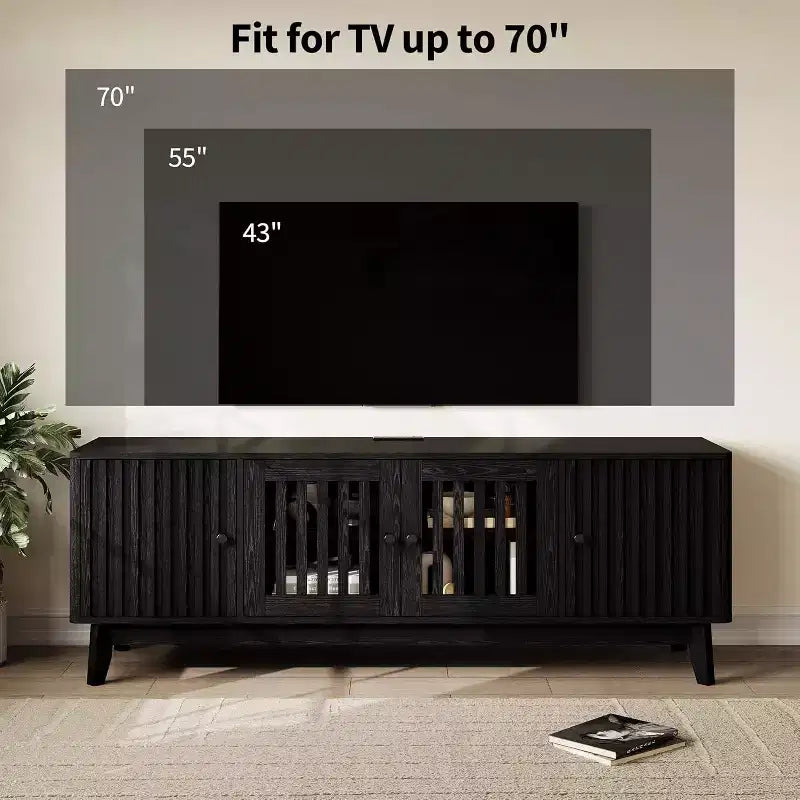 GustoWave Mid Century Modern TV Stand With Grille Doors, Adjustable Shelves, And Storage