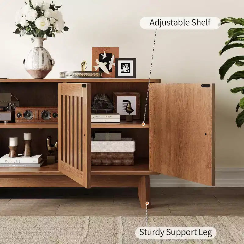 GustoWave Mid Century Modern TV Stand With Grille Doors, Adjustable Shelves, And Storage