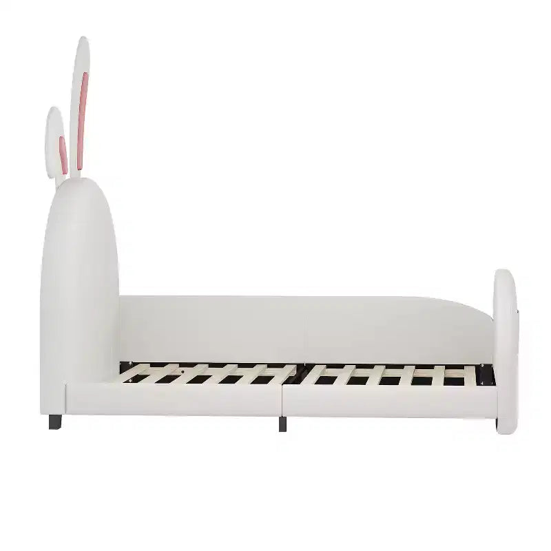Twin Upholstered Rabbit Princess Bed, Platform Bed with Headboard and Footboard, White