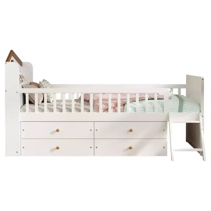 Twin Bed Frame with 4 Storage Drawers, Wood Platform Bed with Guardrail, Headboard and Ladder, White