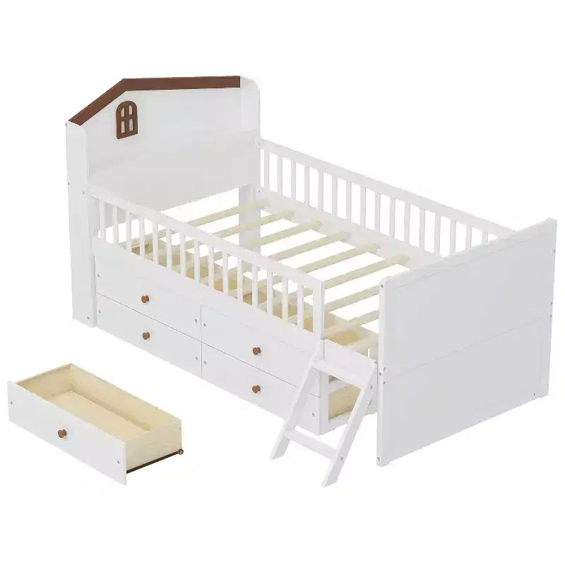 Twin Bed Frame with 4 Storage Drawers, Wood Platform Bed with Guardrail, Headboard and Ladder, White