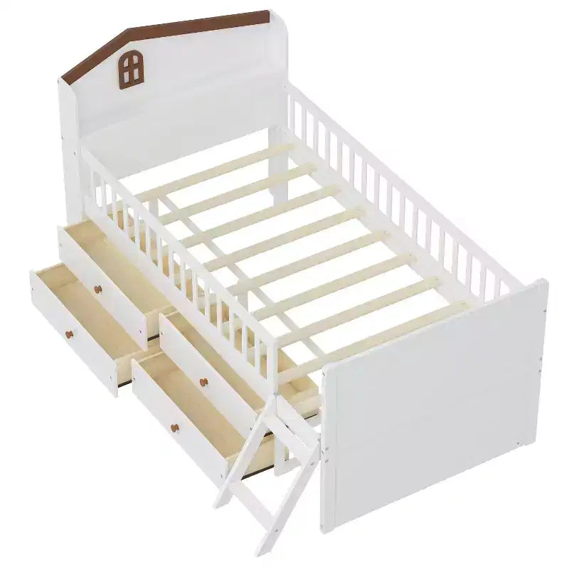 Twin Bed Frame with 4 Storage Drawers, Wood Platform Bed with Guardrail, Headboard and Ladder, White