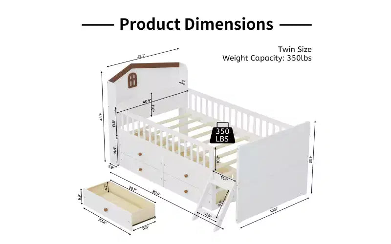 Twin Bed Frame with 4 Storage Drawers, Wood Platform Bed with Guardrail, Headboard and Ladder, White