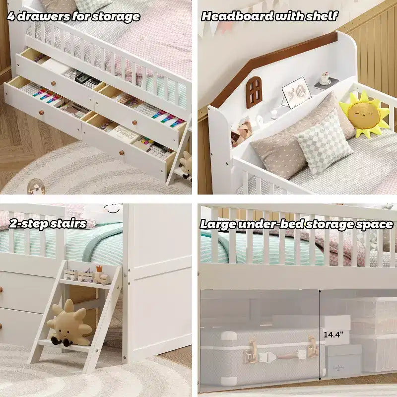Twin Bed Frame with 4 Storage Drawers, Wood Platform Bed with Guardrail, Headboard and Ladder, White