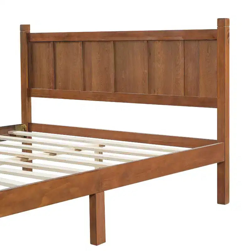 Queen Flat Panel Platform Bed with Headboard and Footboard, Wood Grain Shaker Farmhouse Bed Frame, Light Walnut