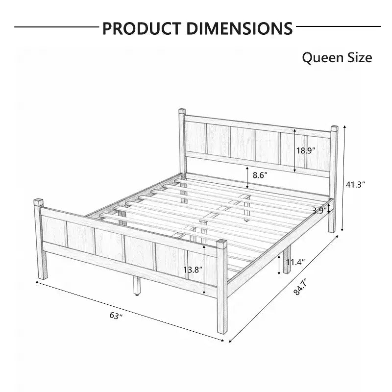 Queen Flat Panel Platform Bed with Headboard and Footboard, Wood Grain Shaker Farmhouse Bed Frame, Light Walnut