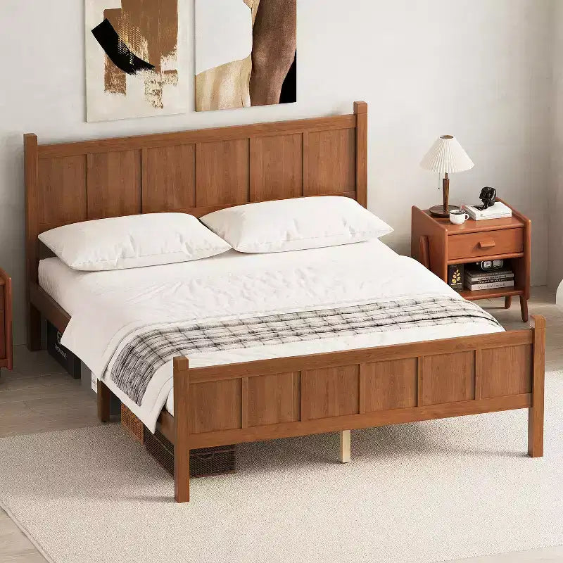 Queen Flat Panel Platform Bed with Headboard and Footboard, Wood Grain Shaker Farmhouse Bed Frame, Light Walnut
