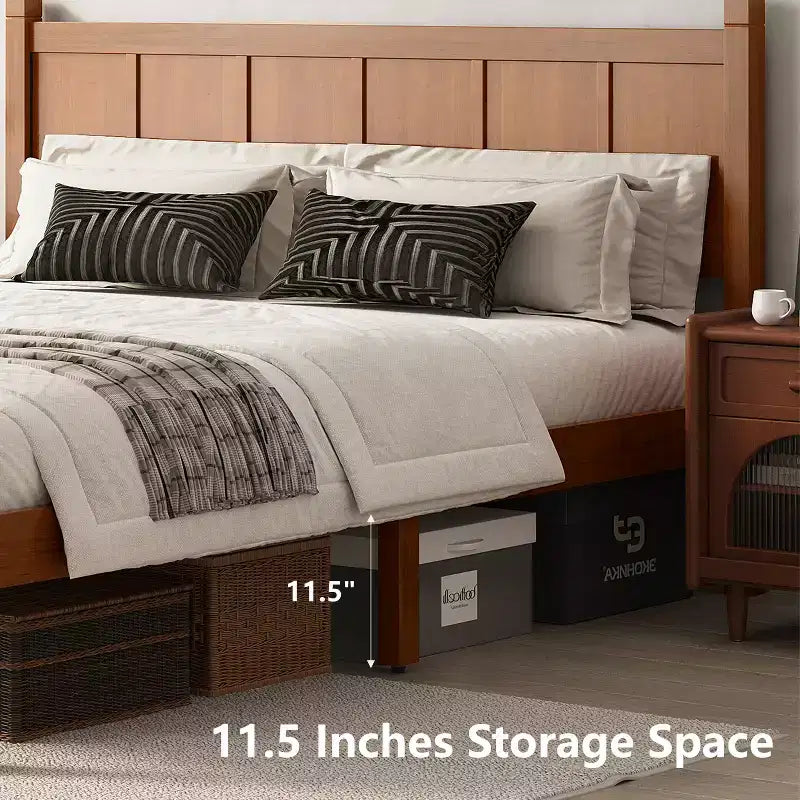 Queen Flat Panel Platform Bed with Headboard and Footboard, Wood Grain Shaker Farmhouse Bed Frame, Light Walnut