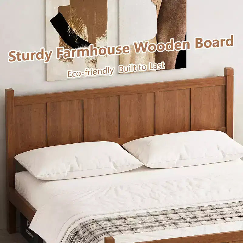 Queen Flat Panel Platform Bed with Headboard and Footboard, Wood Grain Shaker Farmhouse Bed Frame, Light Walnut