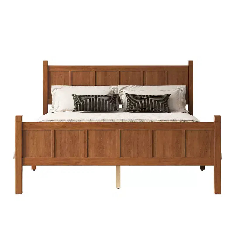 Queen Flat Panel Platform Bed with Headboard and Footboard, Wood Grain Shaker Farmhouse Bed Frame, Light Walnut