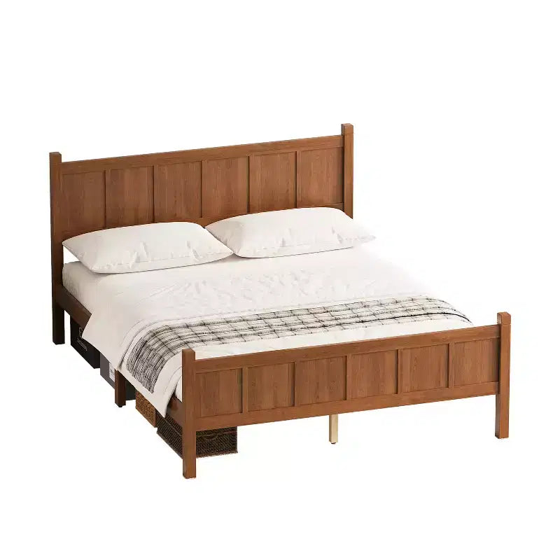 Queen Flat Panel Platform Bed with Headboard and Footboard, Wood Grain Shaker Farmhouse Bed Frame, Light Walnut