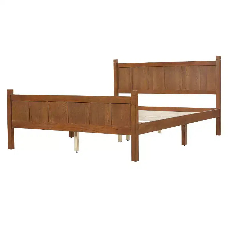 Queen Flat Panel Platform Bed with Headboard and Footboard, Wood Grain Shaker Farmhouse Bed Frame, Light Walnut