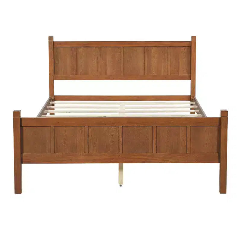 Queen Flat Panel Platform Bed with Headboard and Footboard, Wood Grain Shaker Farmhouse Bed Frame, Light Walnut