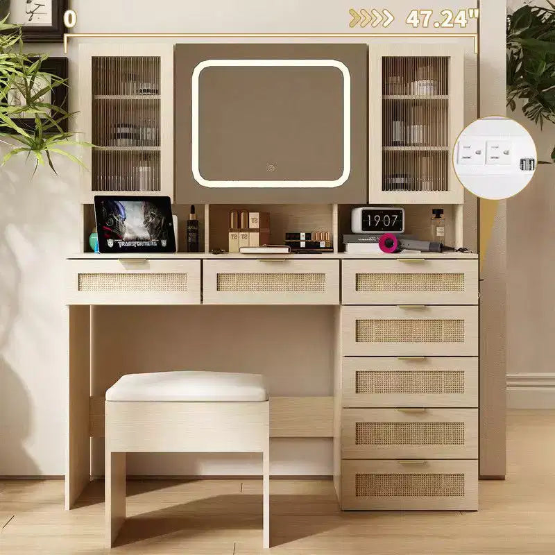 Large Makeup Vanity Set with Lights, USB & Power Outlet and 7 Drawers
