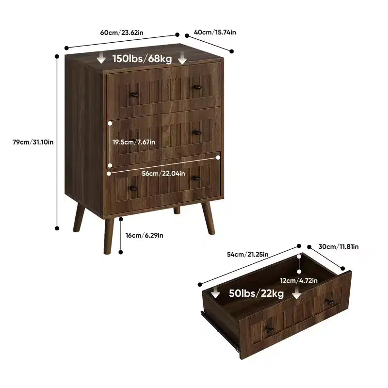GDFStudio Vittorio Modern 24 Wooden Dresser with 3 Drawers and Metal Knobs