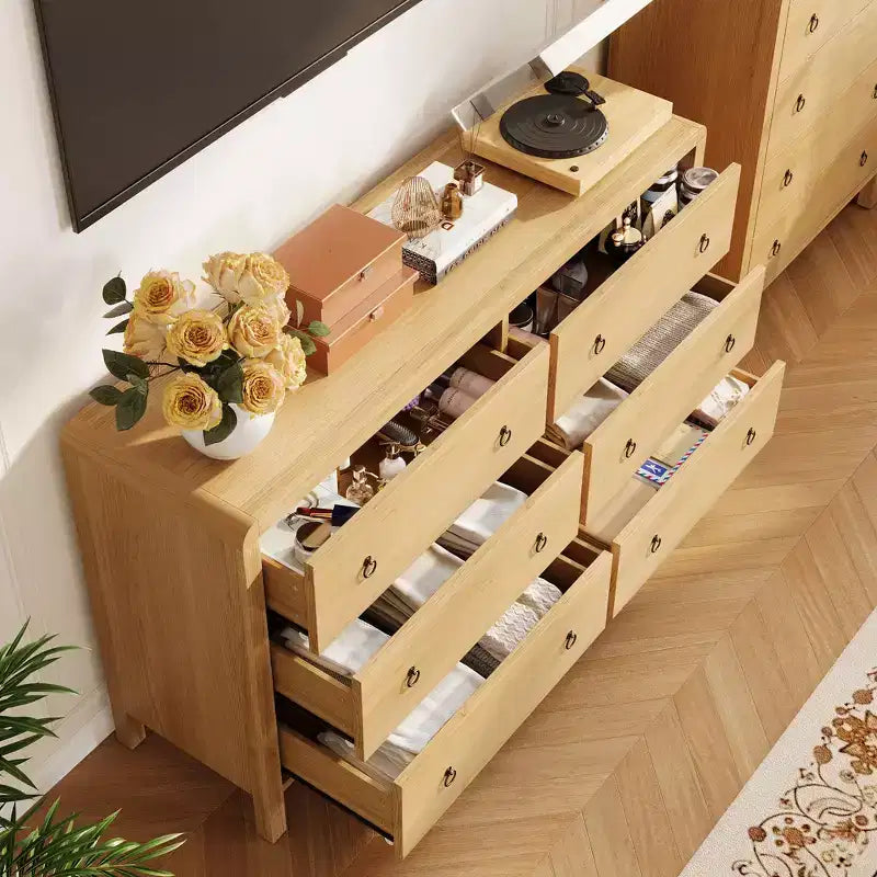 Hallway 47 Wide 6 Drawer Dresser for Bedroom, Wooden Chest of Drawers w/ Large Storage & Metal Handles, Modern Low Profile Storage Organizer