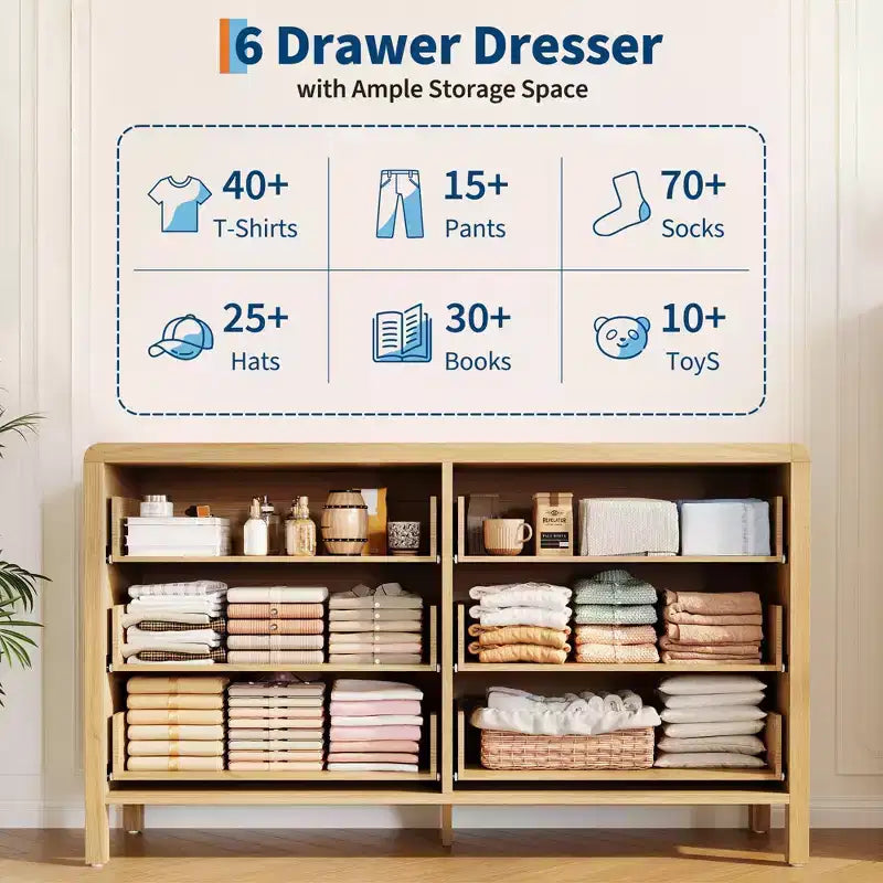 Hallway 47 Wide 6 Drawer Dresser for Bedroom, Wooden Chest of Drawers w/ Large Storage & Metal Handles, Modern Low Profile Storage Organizer
