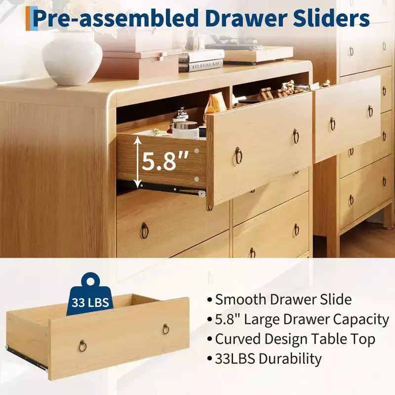 Hallway 47 Wide 6 Drawer Dresser for Bedroom, Wooden Chest of Drawers w/ Large Storage & Metal Handles, Modern Low Profile Storage Organizer