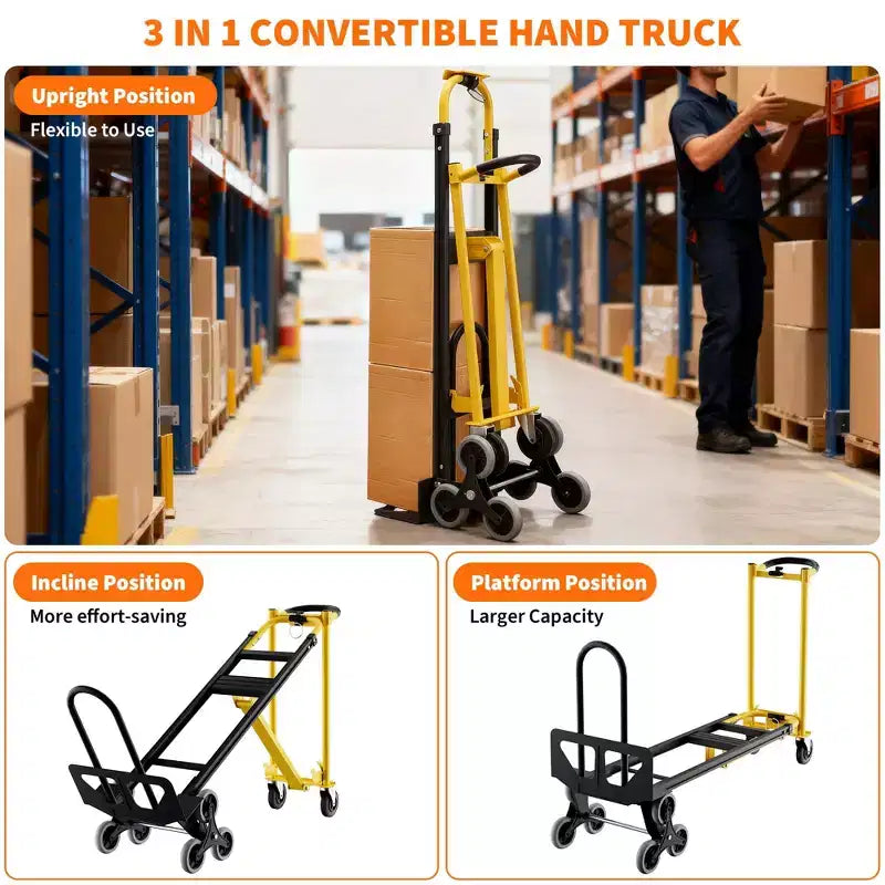 3-in-1 Stair Climbing Hand Truck, Heavy Duty Convertible Flat Cart with Folding Design & Elastic Straps for Home Office Warehouse