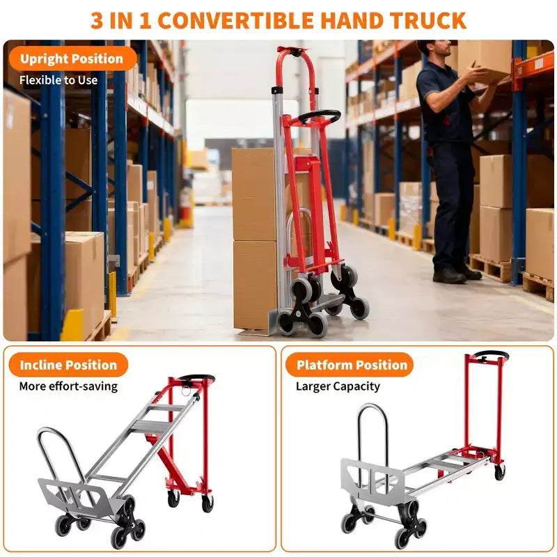 3-in-1 Stair Climbing Hand Truck, Heavy Duty Convertible Flat Cart with Folding Design & Elastic Straps for Home Office Warehouse