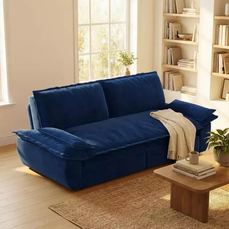 FurnitureR Velvet Convertible Sofa Bed, 3-Seater Pull-Out Sleeper Couch, 3-in-1 Foldable Sofa for Living Room Apartment, Blue