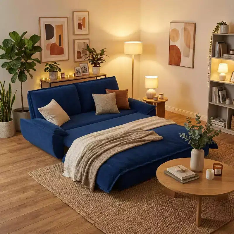 FurnitureR Velvet Convertible Sofa Bed, 3-Seater Pull-Out Sleeper Couch, 3-in-1 Foldable Sofa for Living Room Apartment, Blue