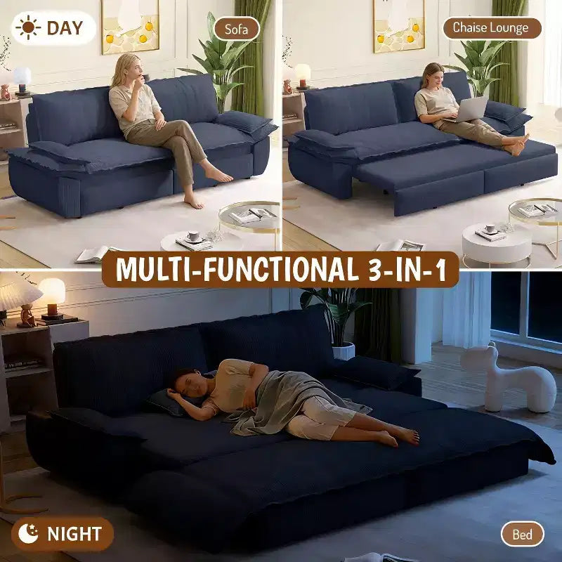 FurnitureR Velvet Convertible Sofa Bed, 3-Seater Pull-Out Sleeper Couch, 3-in-1 Foldable Sofa for Living Room Apartment, Blue