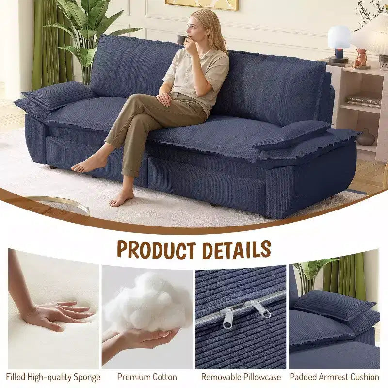 FurnitureR Velvet Convertible Sofa Bed, 3-Seater Pull-Out Sleeper Couch, 3-in-1 Foldable Sofa for Living Room Apartment, Blue