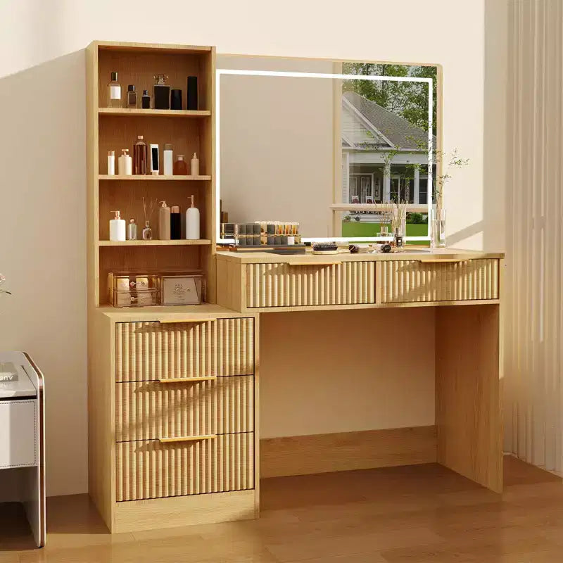 Coiffeuse de maquillage avec miroir éclairé et station de recharge, tactile 3 couleurs à intensité variable, 5 tiroirs et plateau en verre, table de maquillage moderne pour chambre à coucher