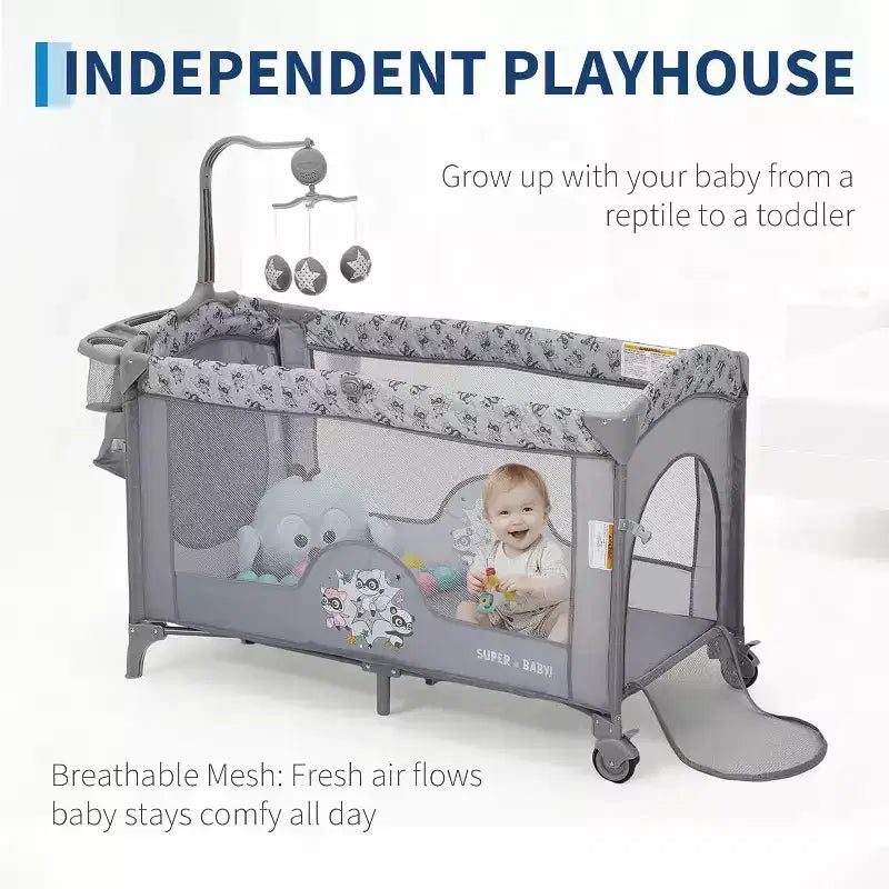 4-in-1 Baby Bassinet & Playard-Light Gray Portable Crib with Changing Table,Zip Door & Toy Bar - Locking Wheels & Storage for Newborns to Toddlers